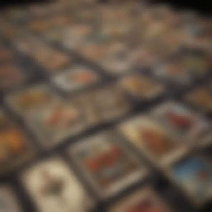 Close-up of tarot cards laid out in a spread