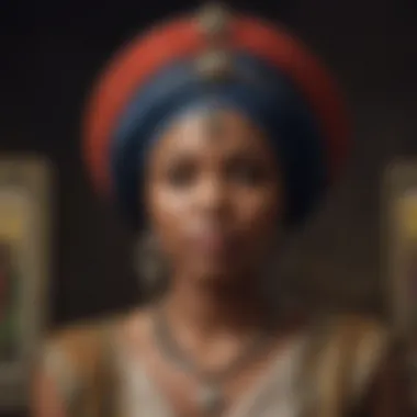 A close-up of a beautifully illustrated tarot card that reflects African heritage and storytelling.