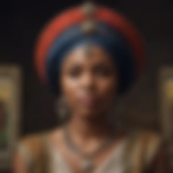 A close-up of a beautifully illustrated tarot card that reflects African heritage and storytelling.