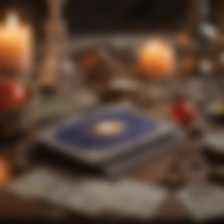 An open book on astrology and card readings, with cards fanned out beside it, creating an inviting study scene.