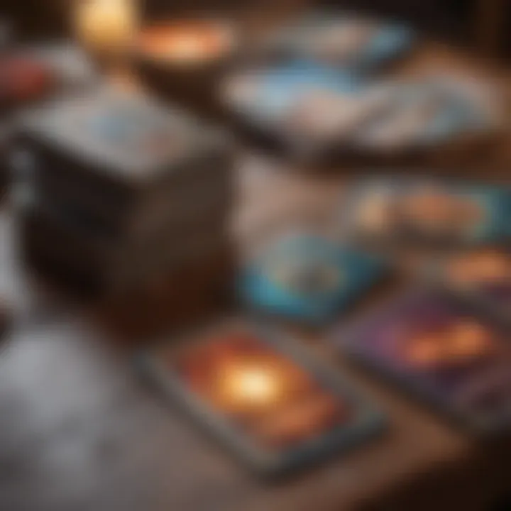 An array of oracle cards featuring vibrant art and symbols, placed on a wooden table.