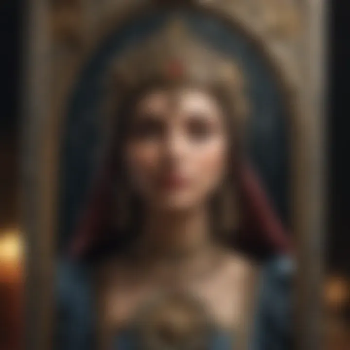 A close-up of a tarot card depicting a symbolic figure, with mystical elements surrounding it.