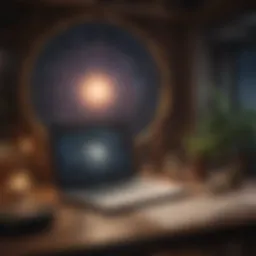 A serene astrology reading environment with celestial maps and a laptop.