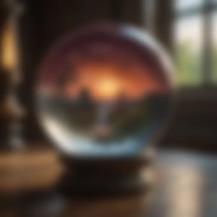 An ethereal scene of a crystal ball reflecting tarot imagery.