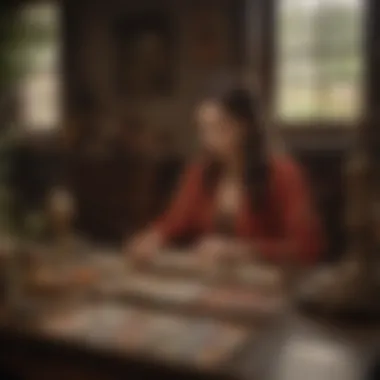 A serene setting with a tarot practitioner engaged in deep contemplation, cards placed thoughtfully in front of them.