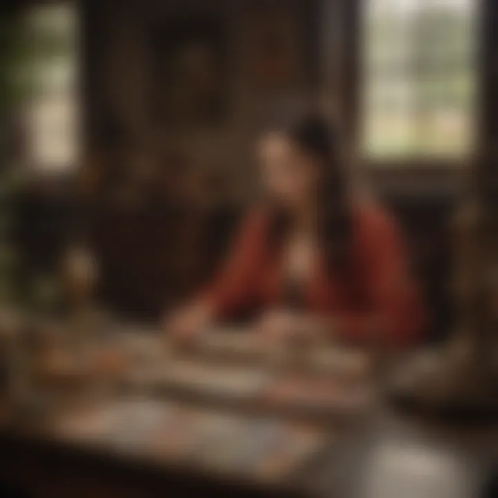 A serene setting with a tarot practitioner engaged in deep contemplation, cards placed thoughtfully in front of them.