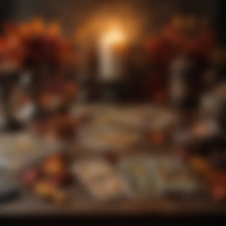 A tarot card spread displayed on a table adorned with autumn leaves and candles, creating a mystical atmosphere.