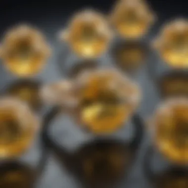 A collection of yellow sapphire rings displayed on a textured surface