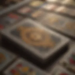 A close-up view of tarot cards spread on a table, showcasing intricate designs and symbols.