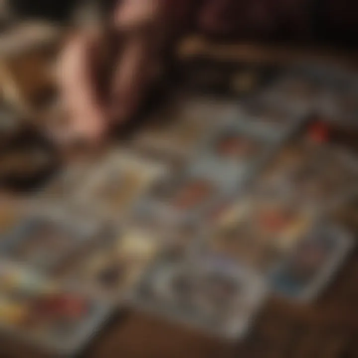 A close-up view of tarot cards being laid out for a reading