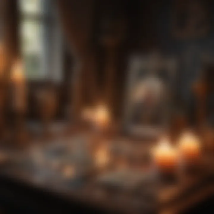 A serene setting with candles and crystals alongside tarot cards