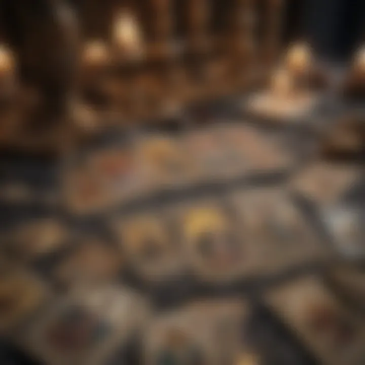 A close-up of tarot cards laid out in a spread with a mystical background