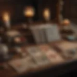 A collection of tarot books on a wooden table with crystals and candles