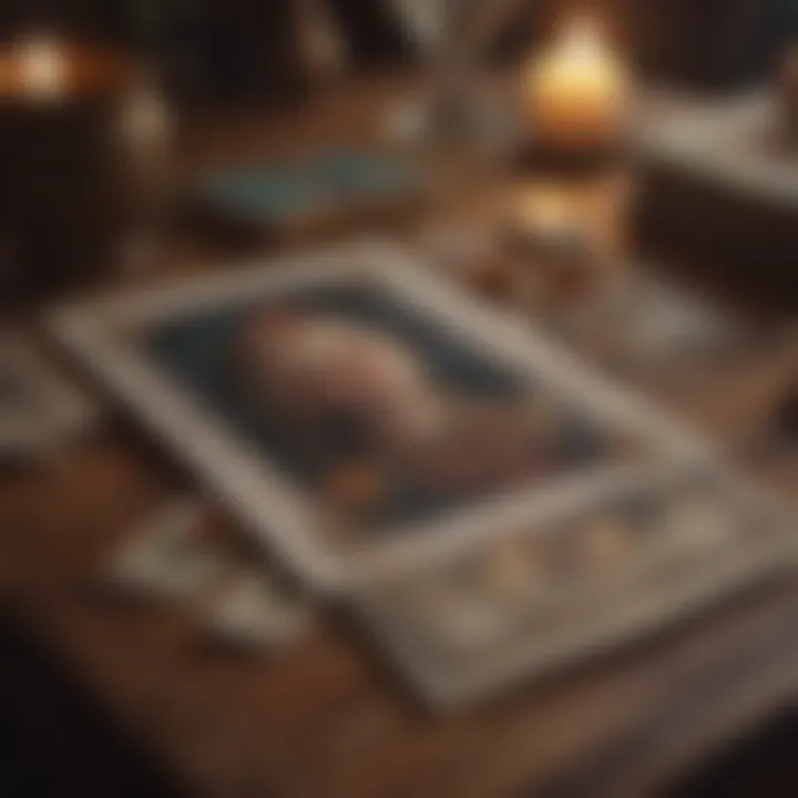 An open tarot book with illustrations and a deck of tarot cards beside it