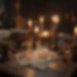 Tarot cards spread on a table with a candle and crystals