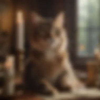 Serene Tarot Reading Atmosphere A serene setting for Tarot reading, featuring a cat and candles