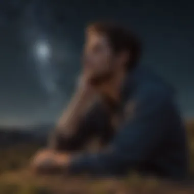 A thoughtful individual gazing at celestial bodies from a hillside.