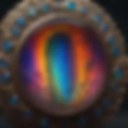 A close-up view of a polished opal stone showcasing its vivid play of colors.