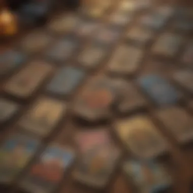 An array of tarot decks displayed on a wooden table