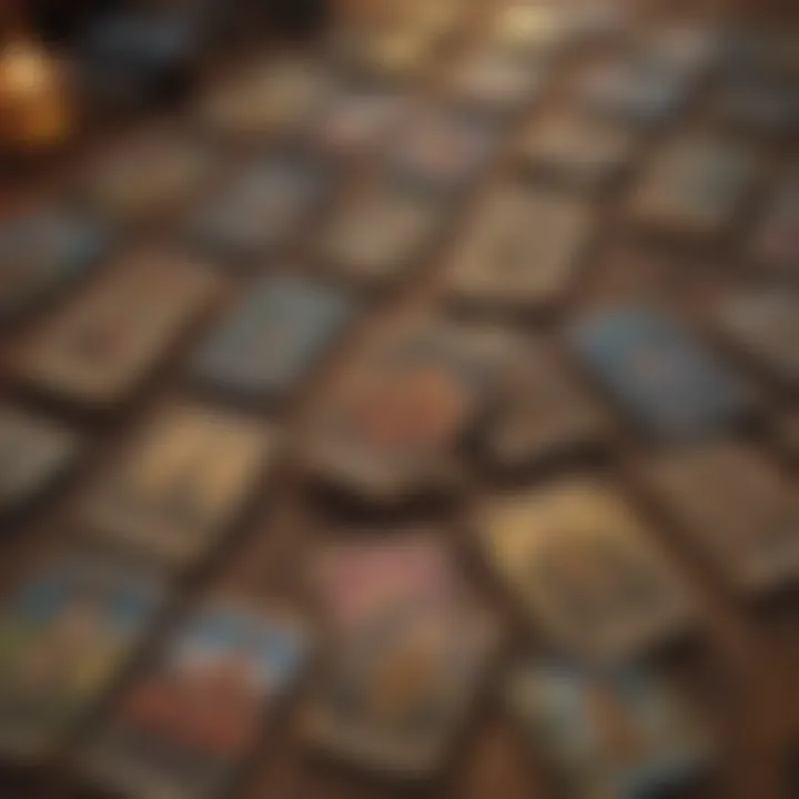 An array of tarot decks displayed on a wooden table