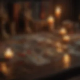 Tarot cards spread out on a table with candles illuminating the scene