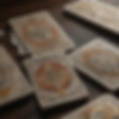 Close-up of various tarot cards displayed