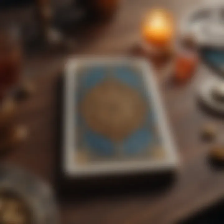 An intricate tarot card spread on a table