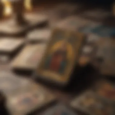 A close-up of selected tarot cards with a mystical background