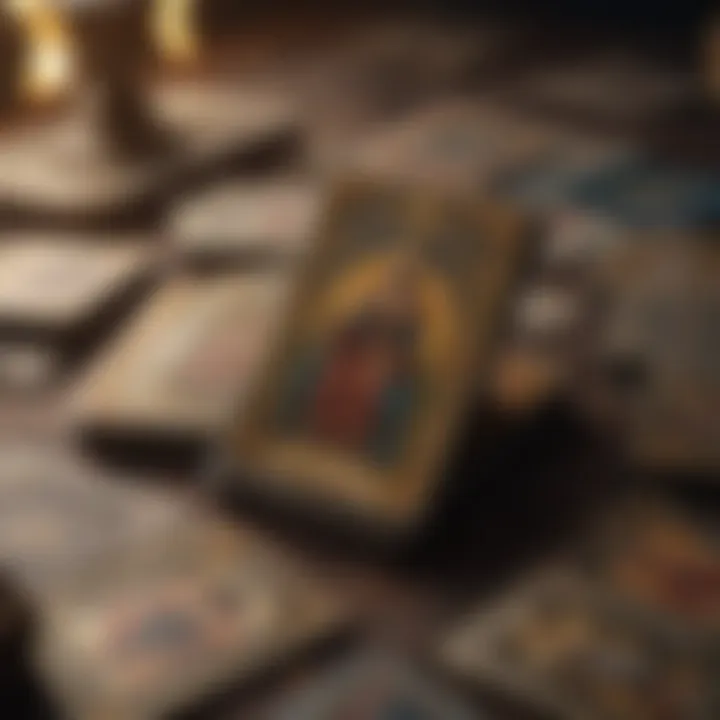 A close-up of selected tarot cards with a mystical background