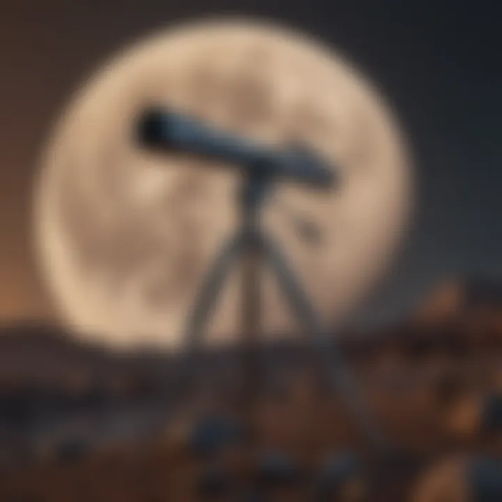 Telescope focused on the moon during twilight