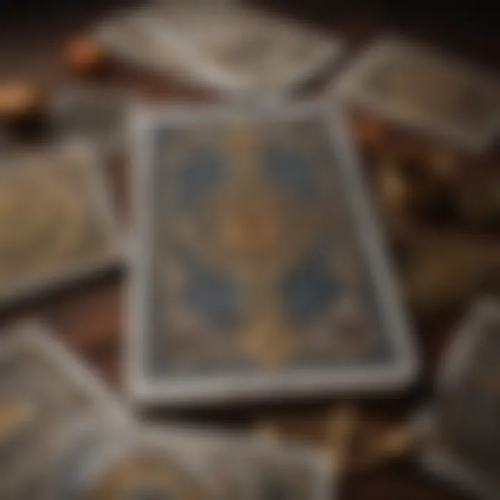 A close-up view of tarot cards revealing intricate symbols and meanings.