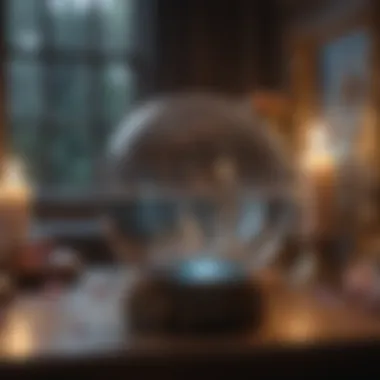 Tranquil Space for Divination A serene setting for crystal ball gazing, surrounded by candles and crystals.