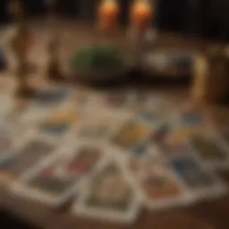 A beautifully illustrated tarot deck spread out on a table with mystical symbols.
