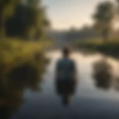 A tranquil scene of a solitary figure reflecting by a water body