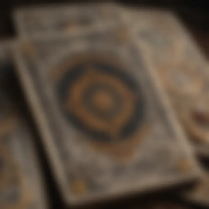 A close-up of tarot cards featuring symbols