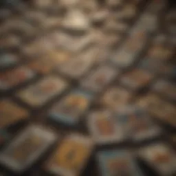 A detailed view of tarot cards laid out in a spread