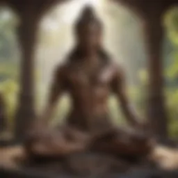 A serene landscape depicting a peaceful meditation space with a Shiva statue.