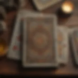 A vintage tarot card deck laid out on a table, showcasing intricate designs.