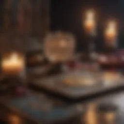 A mystical tarot card spread surrounded by crystals and candles
