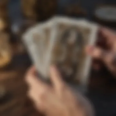 A close-up of a hand drawing tarot cards from a deck