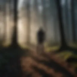 A silhouette of a person standing at the edge of a shadowy forest, symbolizing the journey into the shadow self.