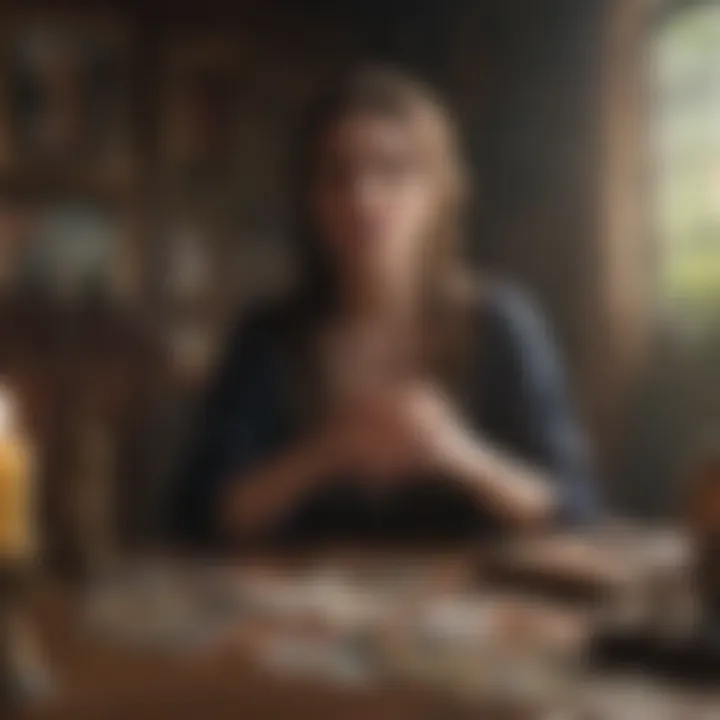 An individual engaging with tarot cards, reflecting on their personal journey.