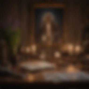 Calming Tarot Reflection Space A serene space with candles and tarot cards, creating a calming atmosphere for reflection.