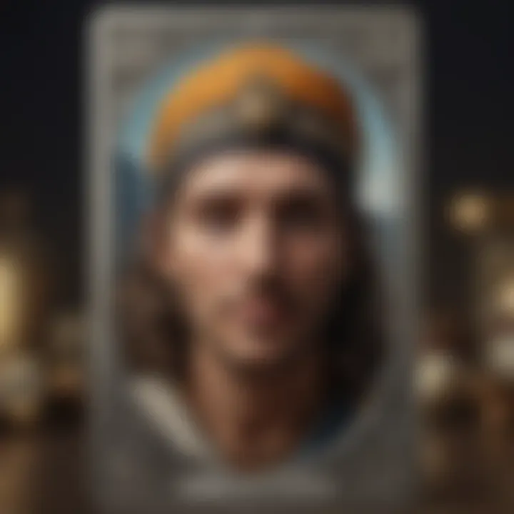 Close-up of a tarot card depicting The Fool, symbolizing new beginnings and potential.