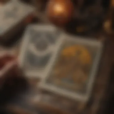 Close-up of tarot cards with symbols of connection and intuition