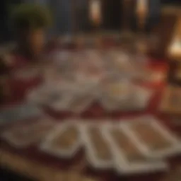 A tarot deck spread out on a velvet table, symbolizing relationship insights.