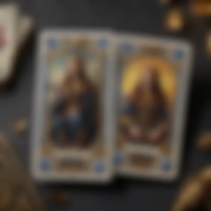 Detailed close-up of Tarot cards with interpretations